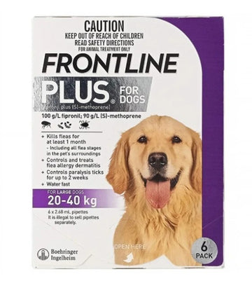 Frontline Plus Flea & Tick Treatment Spot On for Large Dog 20-40kg 6 pipettes