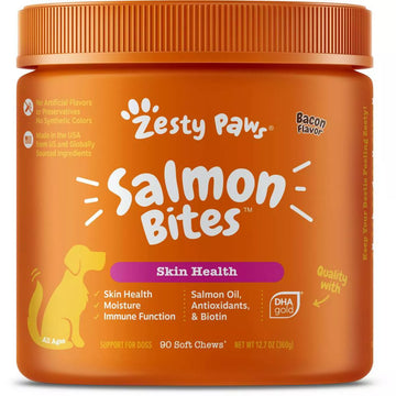 Zesty Paws Salmon Bites Dog Supplements Bacon 90 Soft Chews