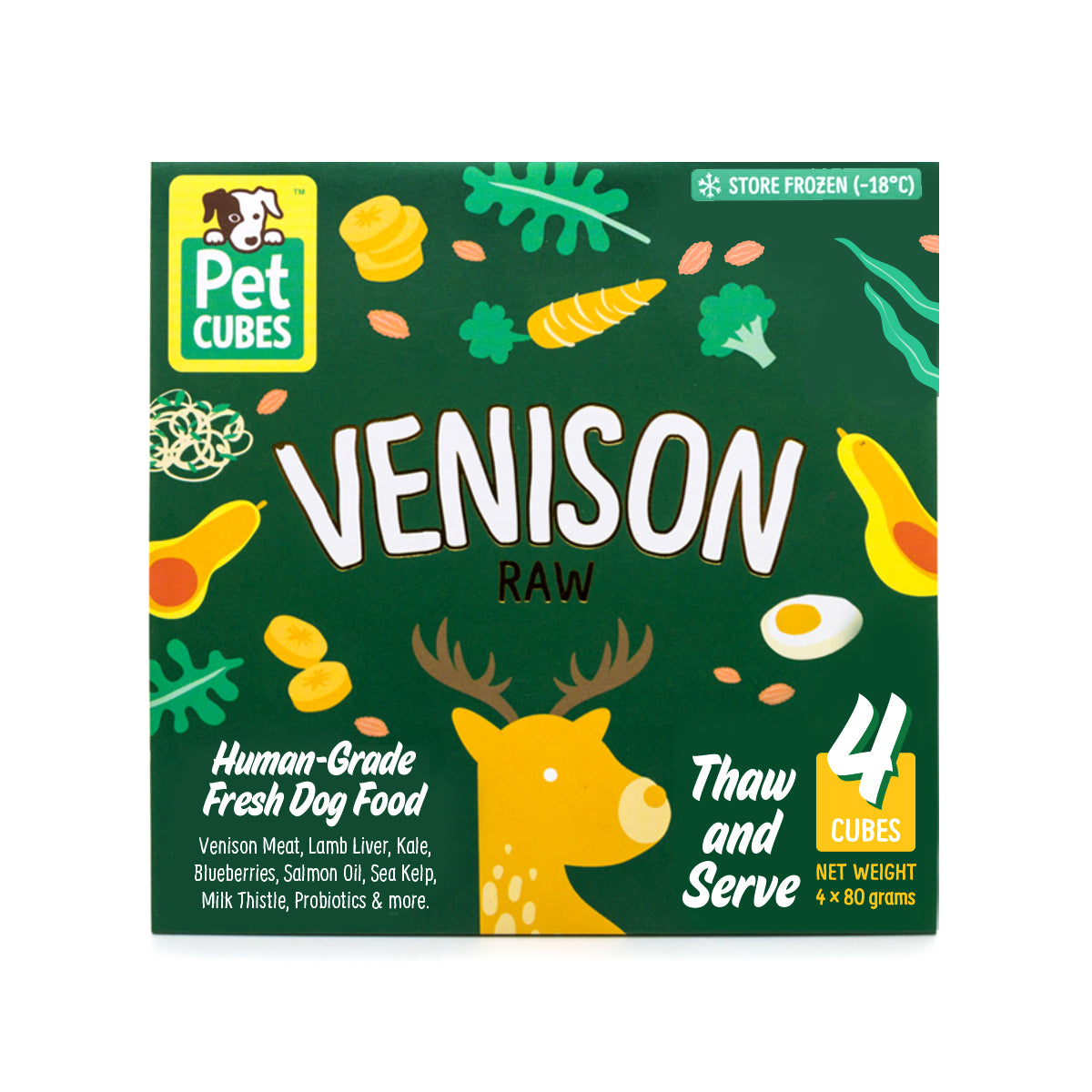 PetCubes Raw Frozen Venison Dog Food for senior dogs and pancreatic or kidney health support