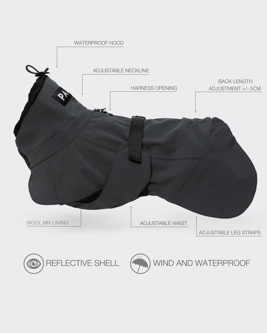 Award-winning PAIKKA Visibility Raincoat Dark for Dogs - Reflective Waterproof Coat with Wool Mix Lining