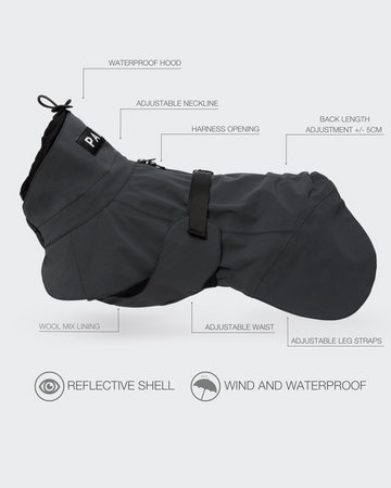 Award-winning PAIKKA Visibility Raincoat Dark for Dogs - Reflective Waterproof Coat with Wool Mix Lining