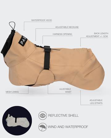 PAIKKA Visibility Raincoat Lite for Dogs in Taupe - Fully Reflective Waterproof Dog Raincoat with Harness Opening