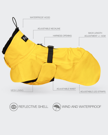 PAIKKA Visibility Raincoat Lite for Dogs in Yellow - Full Reflective Waterproof Dog Coat with Harness Opening