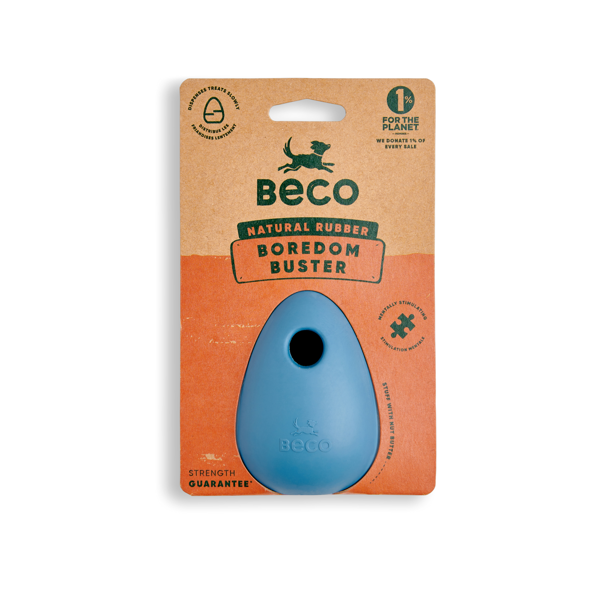 Beco Boredom Buster dog toy in natural rubber, packaged on a brown and orange cardboard backing card.