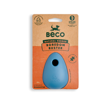 Beco Boredom Buster dog toy in natural rubber, packaged on a brown and orange cardboard backing card.