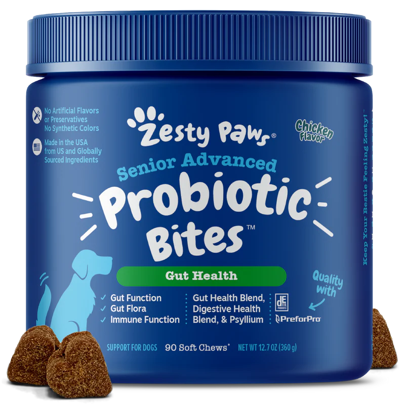 Zesty Paws Senior Advanced Probiotic Bites Dog Chicken Supplements 90 soft chews