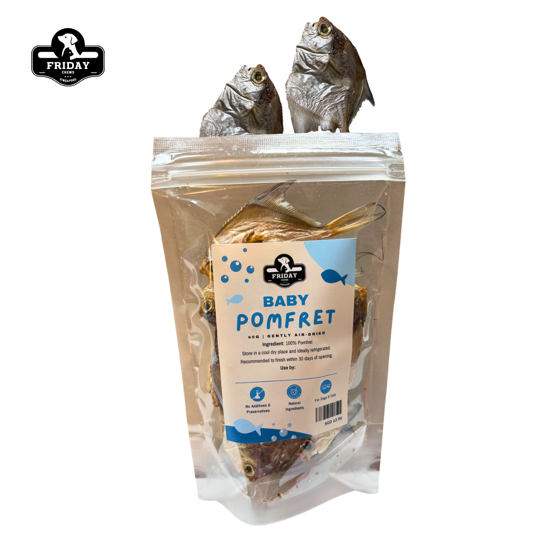 Whole dehydrated baby pomfret for dog and cat treats in packaging