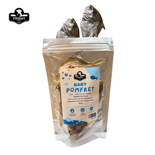 Whole dehydrated baby pomfret for dog and cat treats in packaging