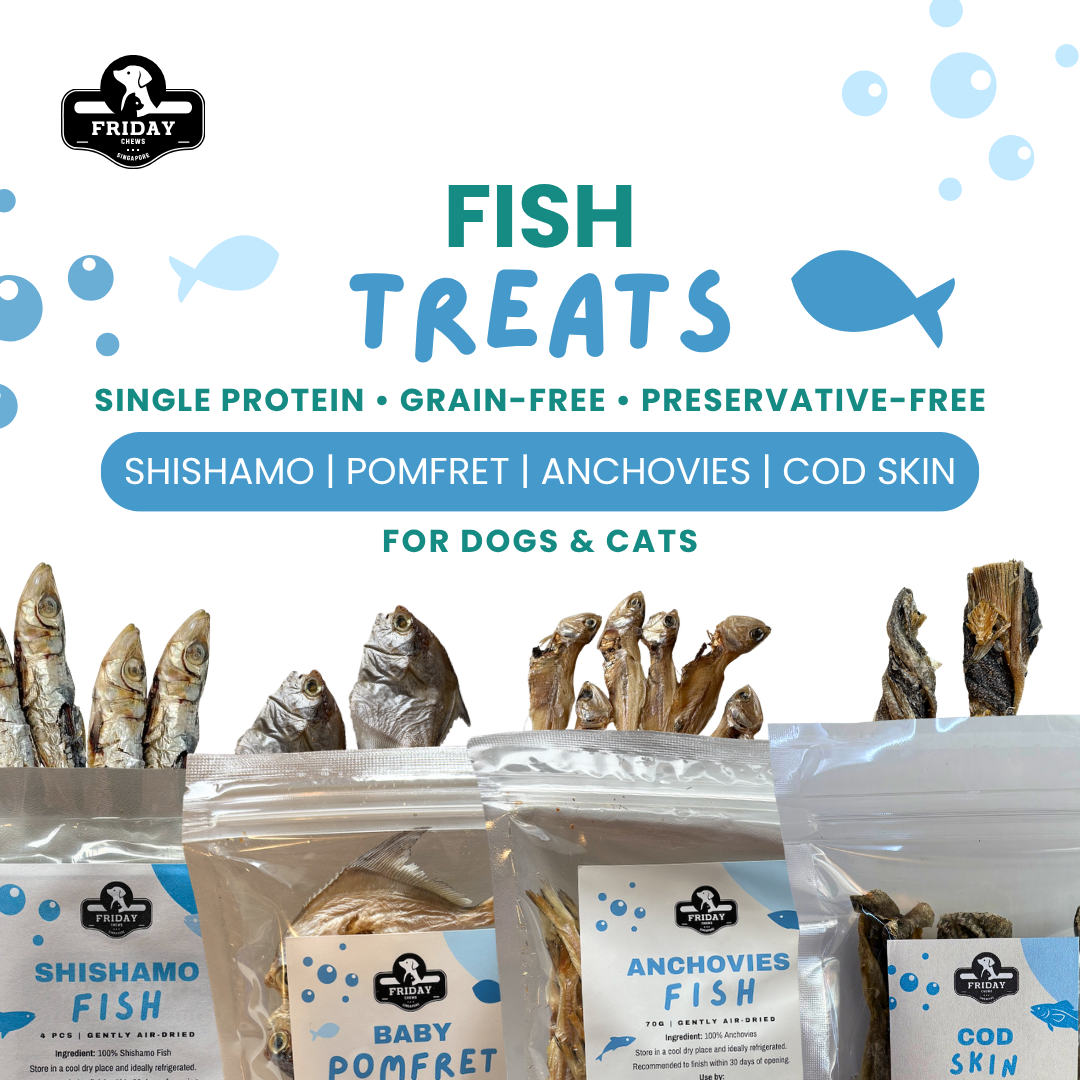 Single Protein dehydrated fish treats for dogs and cats - Shishamo,Pomfret, Anchovies, Cod Skin Roll