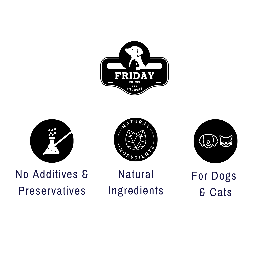 Logos and text indicating 'No Additives & Preservatives', 'Natural Ingredients', and 'For Dogs & Cats' on a white background.