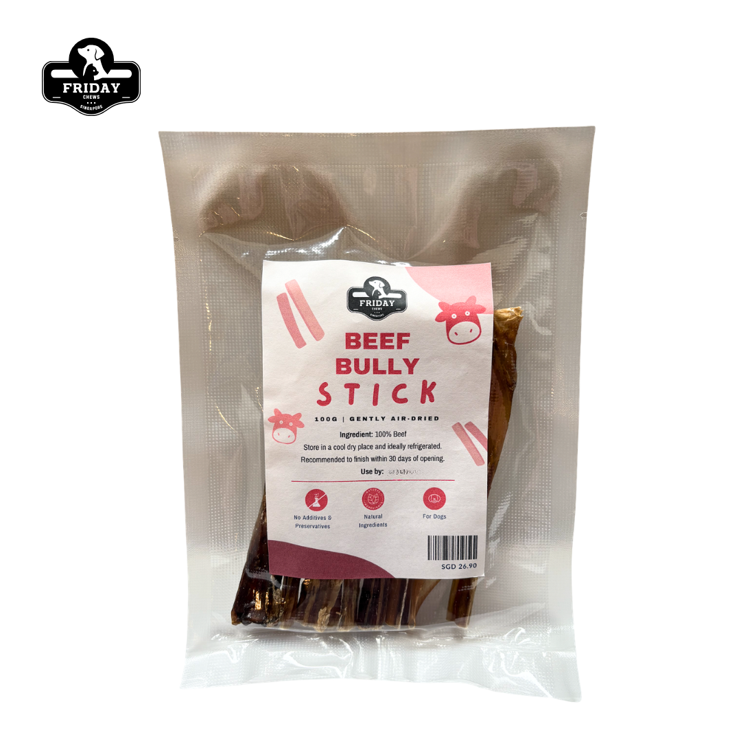 Single ingredients, dehydrated beef bully sticks in packaging