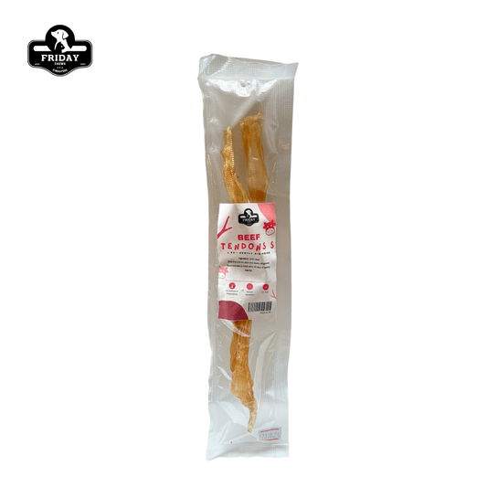 Single ingredient, dehydrated beef tendons in packaging