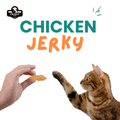 Cat reaching for chicken jerky held by a hand with 'Chicken Jerky' text and brand logo.