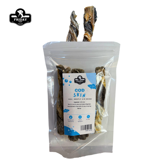 Whole dehydrated cod skin roll for dog and cat treats in packaging