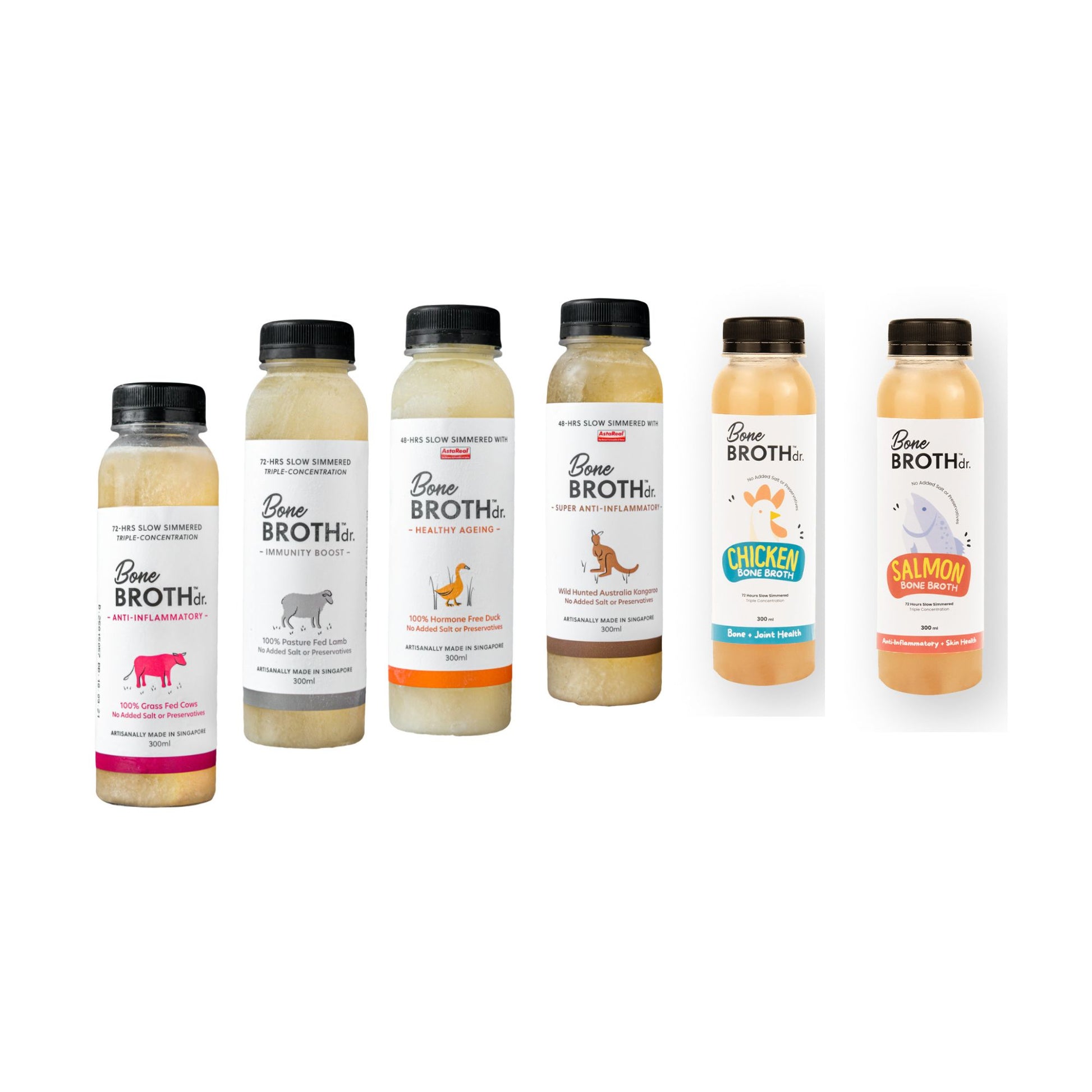 Six bottles of PetCubes Bone Broth Dr frozen bone broth for dogs and cats — Chicken, Beef, King Salmon, Duck, Lamb, and Kangaroo flavours, 300ml each