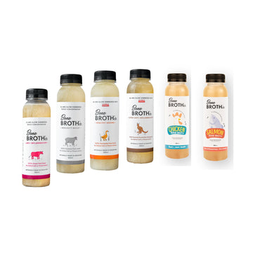 Six bottles of PetCubes Bone Broth Dr frozen bone broth for dogs and cats — Chicken, Beef, King Salmon, Duck, Lamb, and Kangaroo flavours, 300ml each