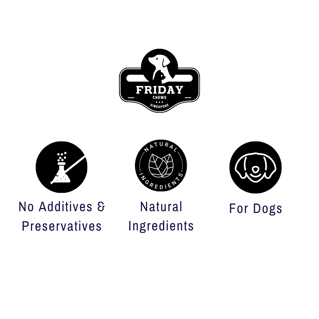 Logos and text indicating 'No Additives & Preservatives', 'Natural Ingredients', and 'For Dogs' on a white background, with 'FRIDAY' brand at the top.