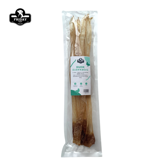 Friday Chews Dehydrated Duck Esophagus for Dogs in packaging