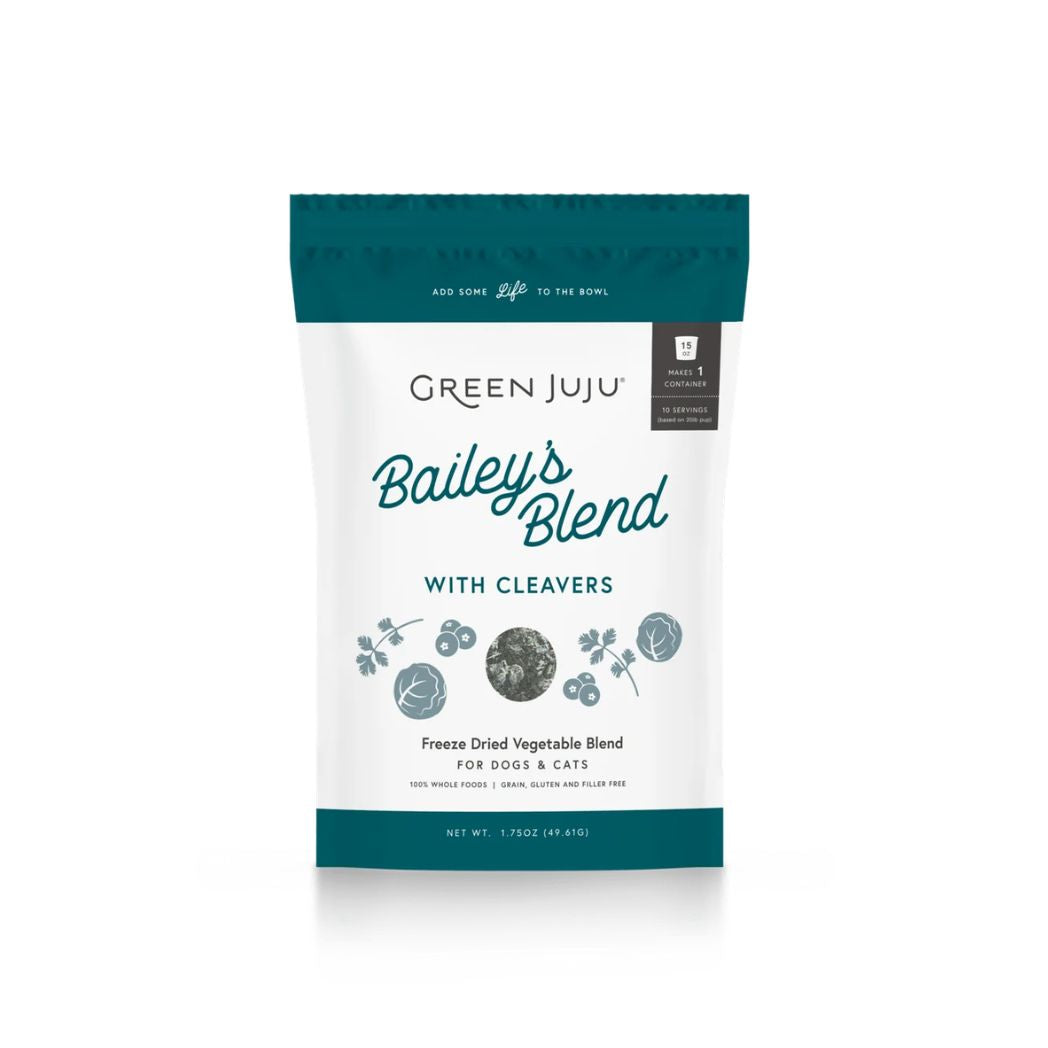 Green Juju Bailey's Blend with Cleavers Freeze-Dried Topper 1.75oz front packaging
