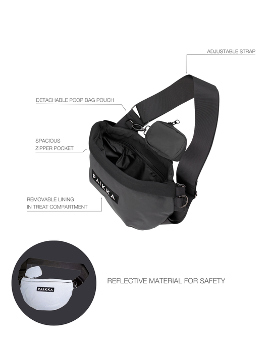 PAIKKA reflective treat bag in black glowing under low light for safer night walks with dogs