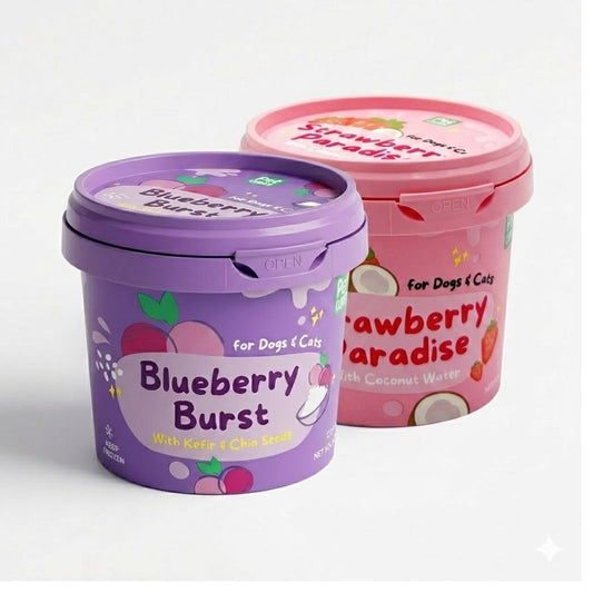 Two tubs of PetCubes frozen ice cream for dogs and cats — Blueberry Burst and Strawberry Paradise flavours, 3.5oz each