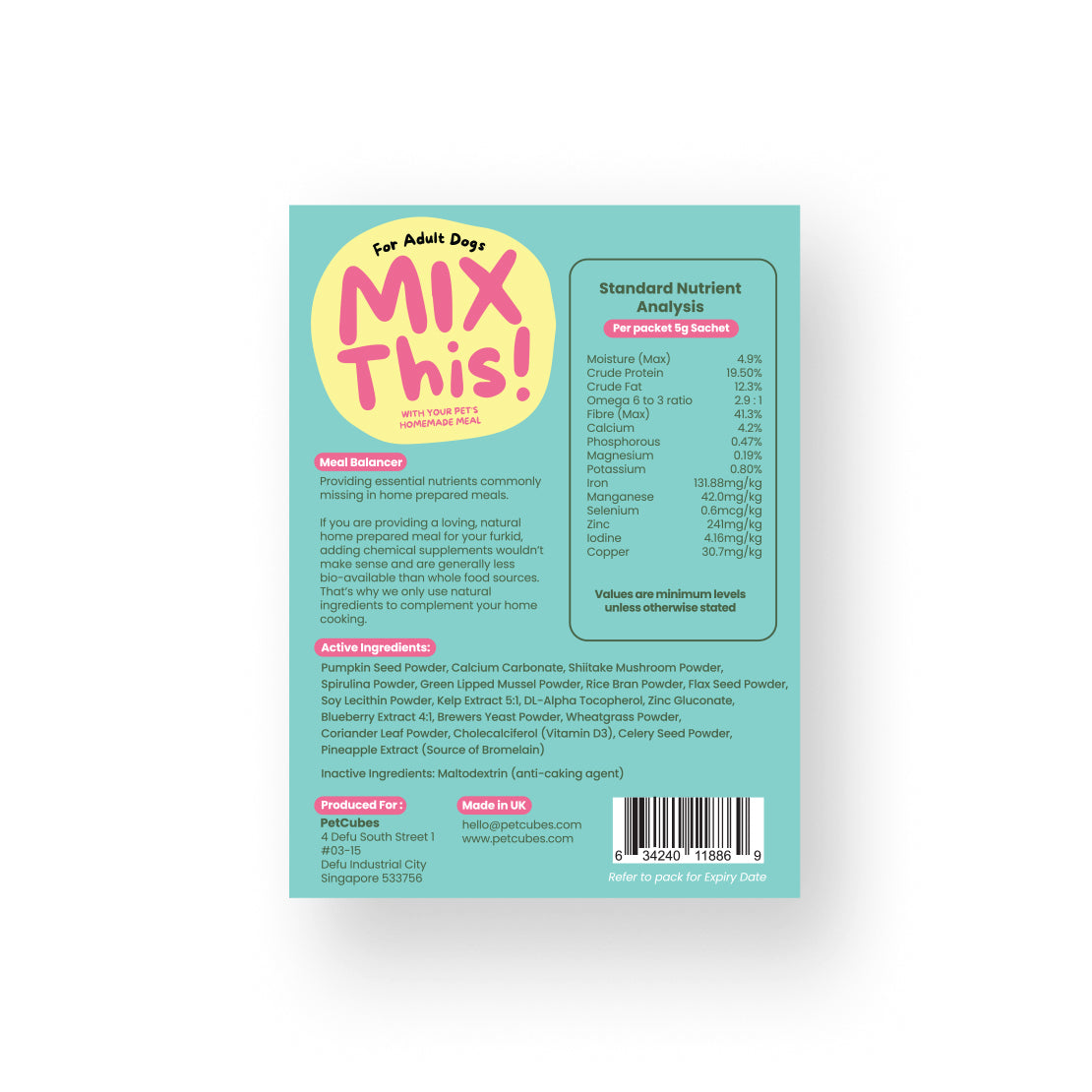 PetCubes Mix This! sachet ingredients label showing active and inactive ingredients