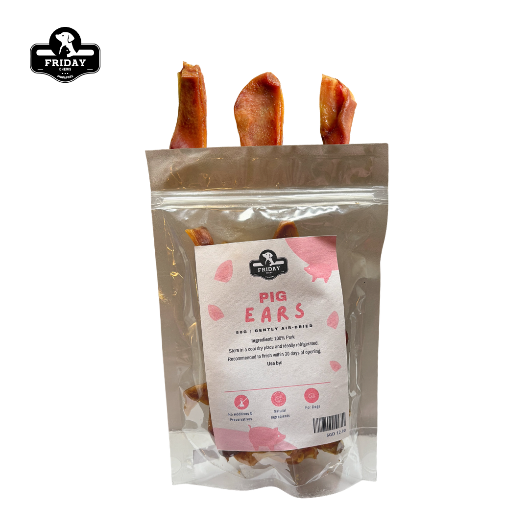Sliced dehydrated natural pork ear dog chew treats in packaging