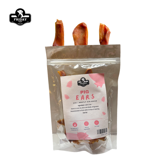 Sliced dehydrated natural pork ear dog chew treats in packaging
