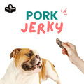 Dog looking at a piece of pork jerky held by a hand, with 'Pork Jerky' text and Friday brand logo.