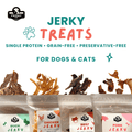 Jerky treats for dogs and cats with packaging on a white background