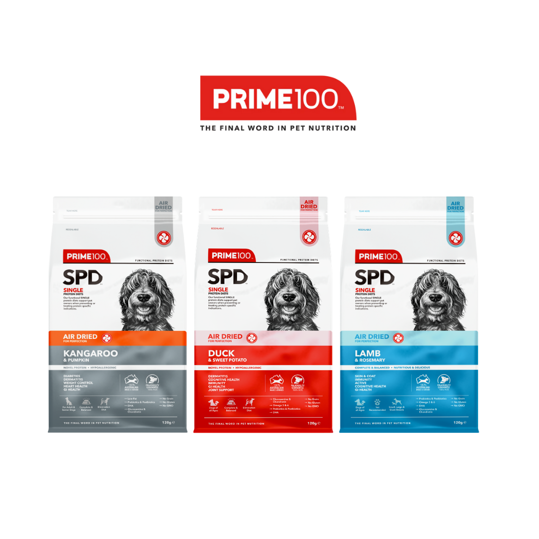 Prime100 Air Dried Single Protein Diets  for Dogs 120g - Kangaroo, Duck, Lamb