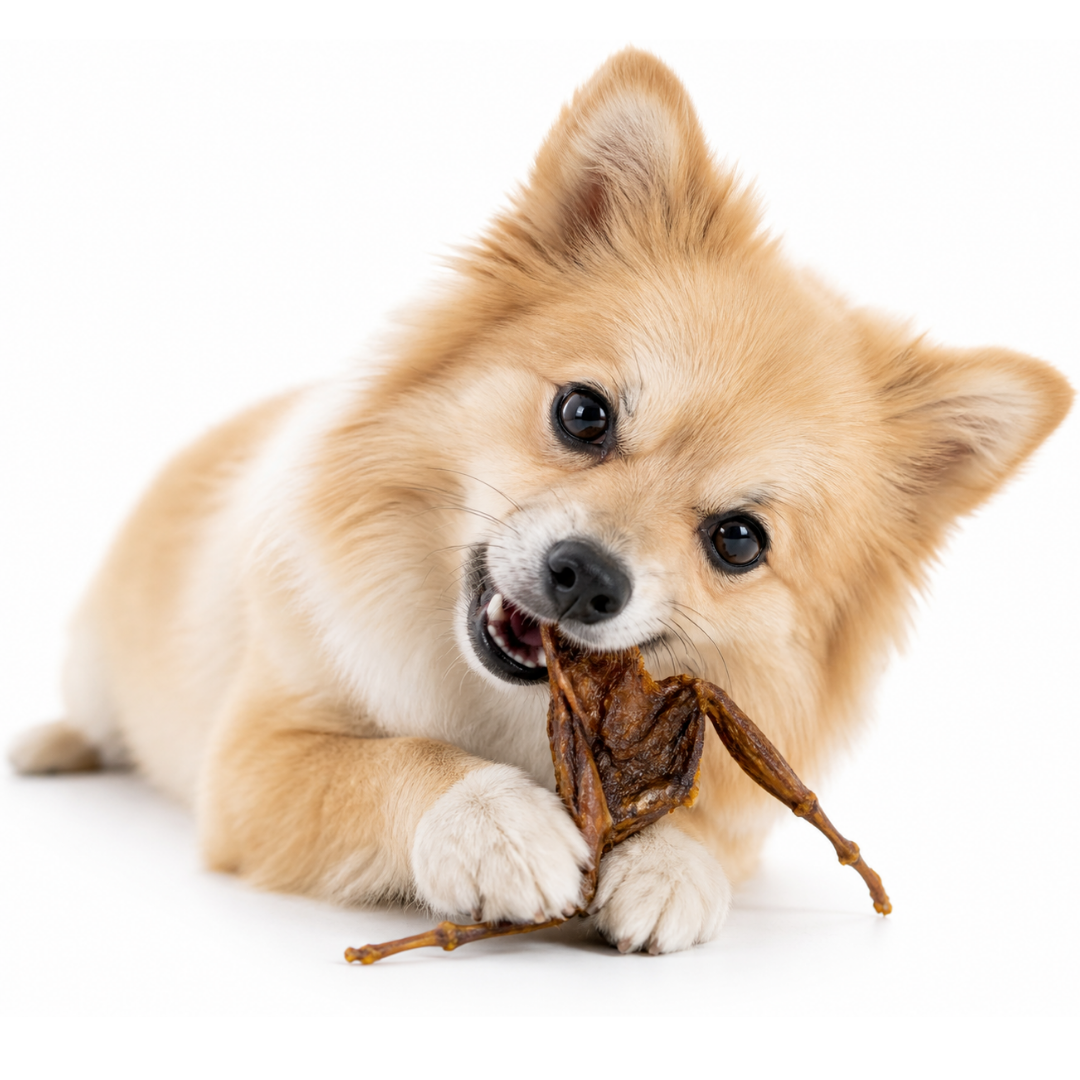 Dog holding a Friday Chews dehydrated Quail Bird 
