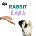 Dog with a rabbit ear treat and hand holding the dehydrated single-ingredient Rabbit Ear 