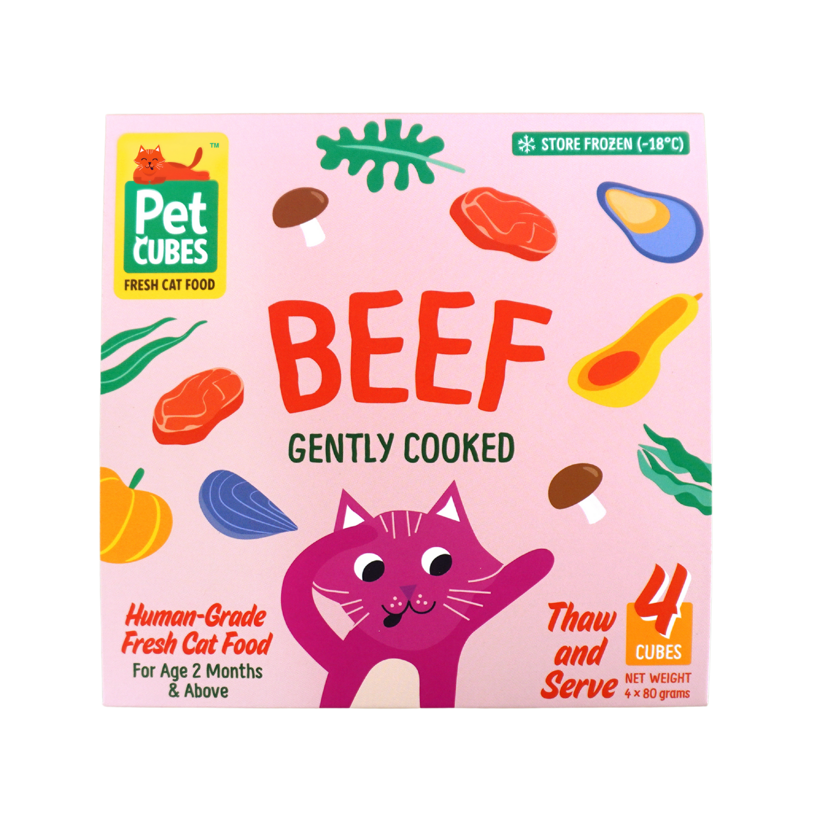 PetCubes Gently Cooked Beef Cat Food - Iron-rich beef heart and muscle meat with pumpkin.