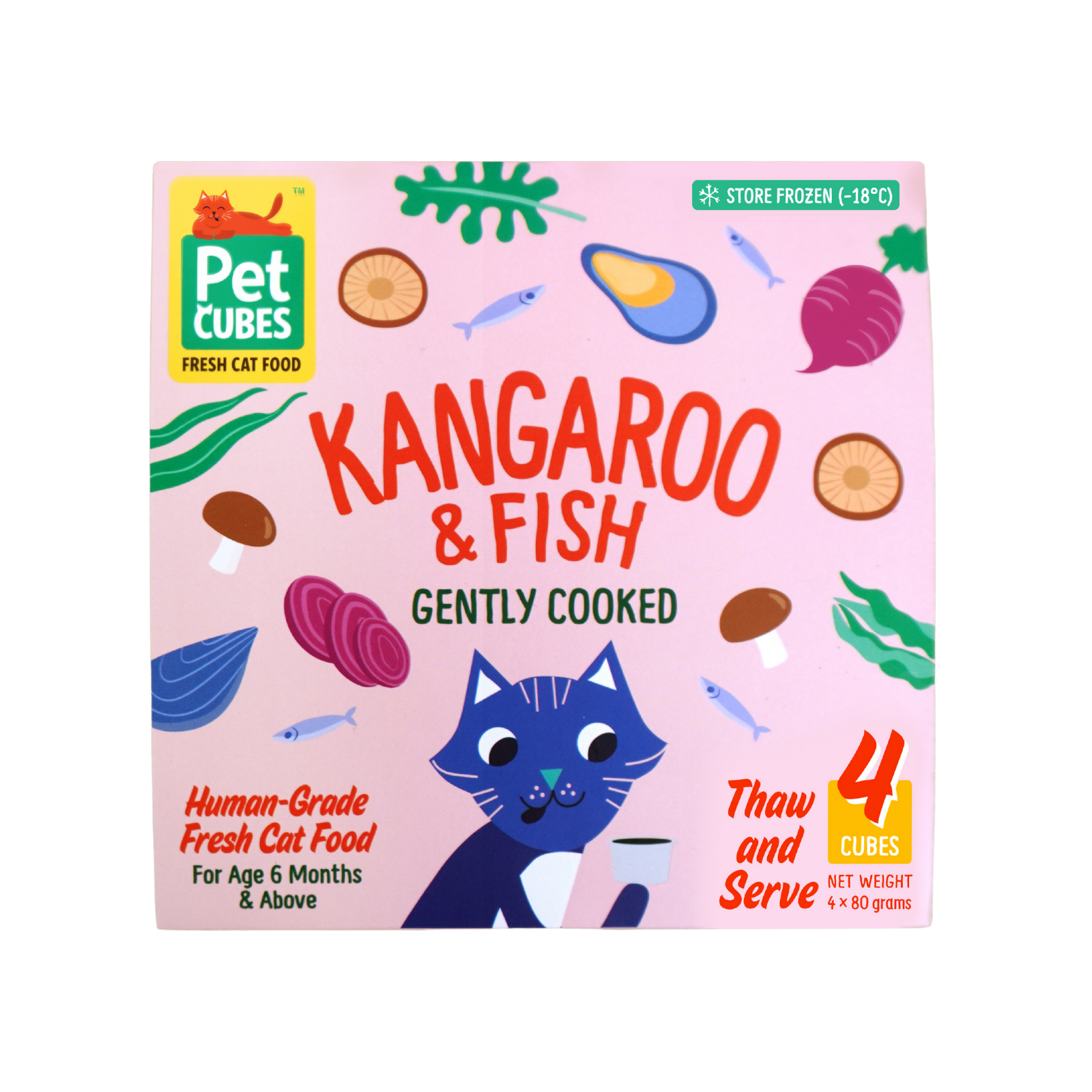 PetCubes Gently Cooked Kangaroo and Fish Cat Food - Hypoallergenic wild kangaroo with salmon and whitefish.