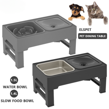 Elspet Elevated Double Bowl - Stainless Steel | Slow Bowl (Black/ Grey)