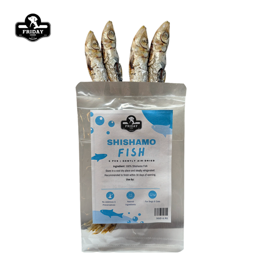 Friday Chews Shishamo — whole dehydrated Shishamo fish treats for dogs and cats  in packaging