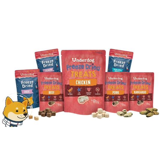 Underdog Freeze Dried Dog Treats - 7 flavours including Chicken, Beef, Pork, Kangaroo, Duck, Salmon and Green Lipped Mussel. Single-ingredient, grain-free, made in Singapore.
