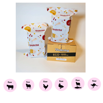 Underdog Raw Dog Food 3kg (20 x 150g) - Lamb, Beef, Chicken, Duck, Lamb & Salmon, Kangaroo - Complete & Balanced Eco Pack Frozen