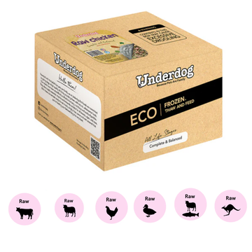 Underdog raw dog food 3kg assorted protein patties packaging
