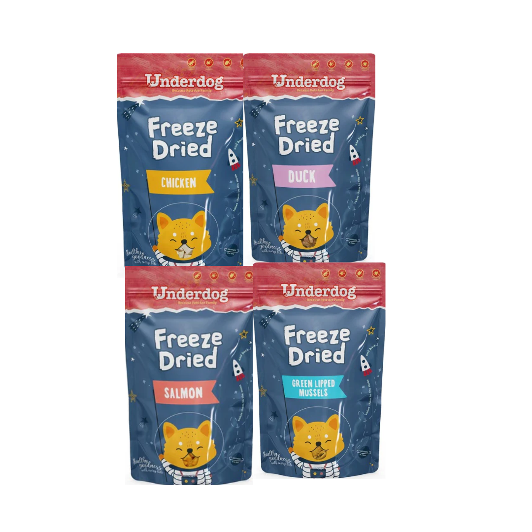 Underdog Freeze Dried Dog Treats 50g -Chicken, Duck, Salmon, Green Lipped Mussel