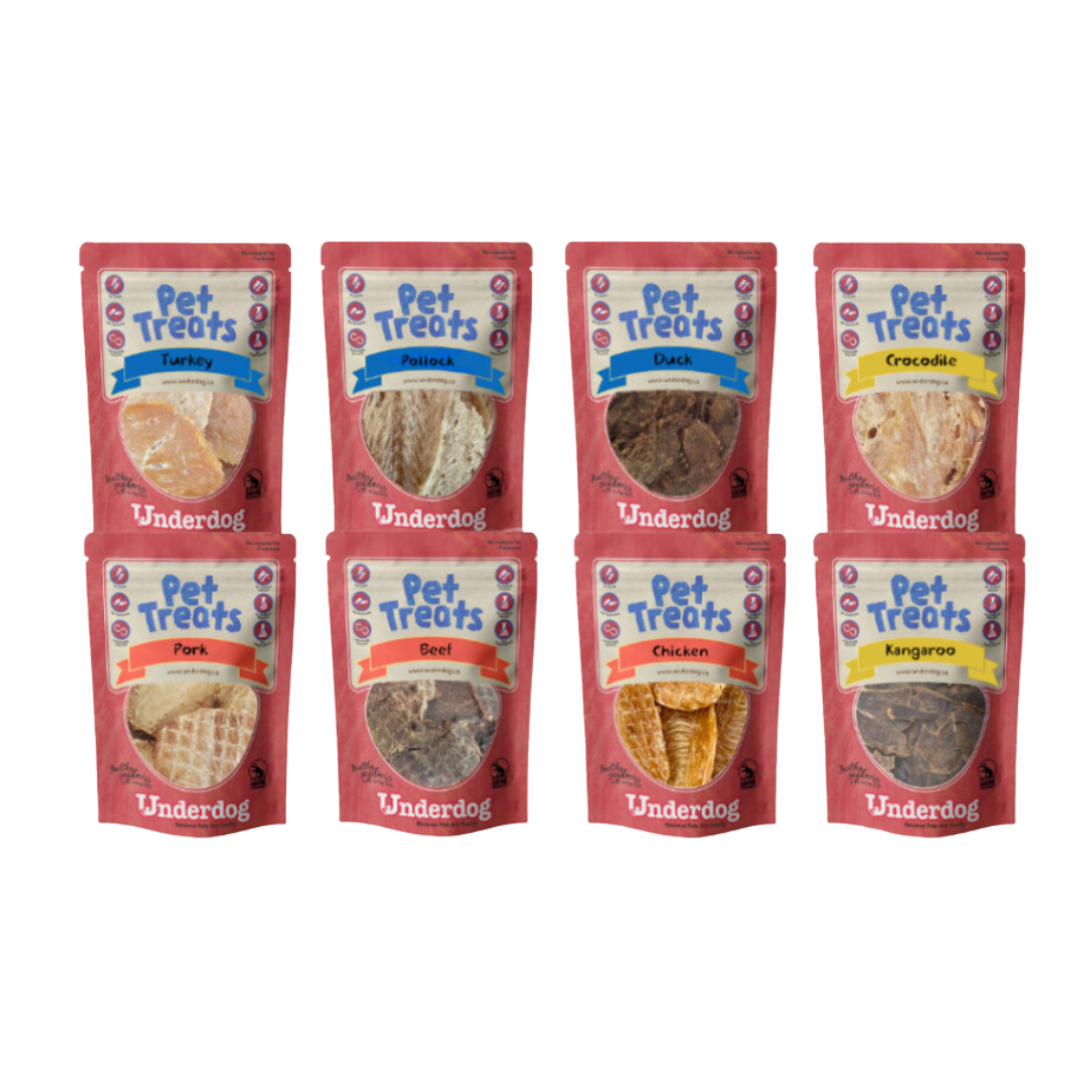 Underdog Air-Dried Dog Treats 80g - Pork, Beef, Chicken, Duck, Pollock, Kangaroo, Crocodile, Turkey, Venison