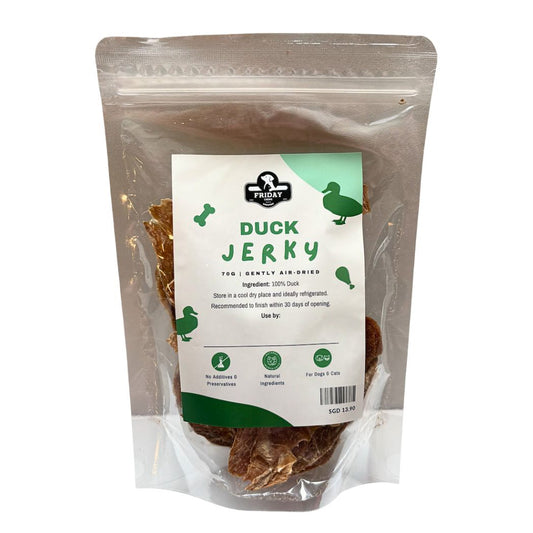 Friday Chews Duck Jerky 70g — single-ingredient dehydrated duck jerky treats for dogs and cats 