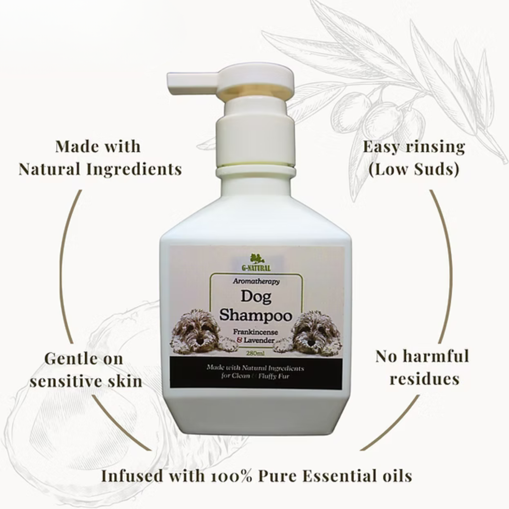 G-natural aromatherapy dog shampoo bottle with features
