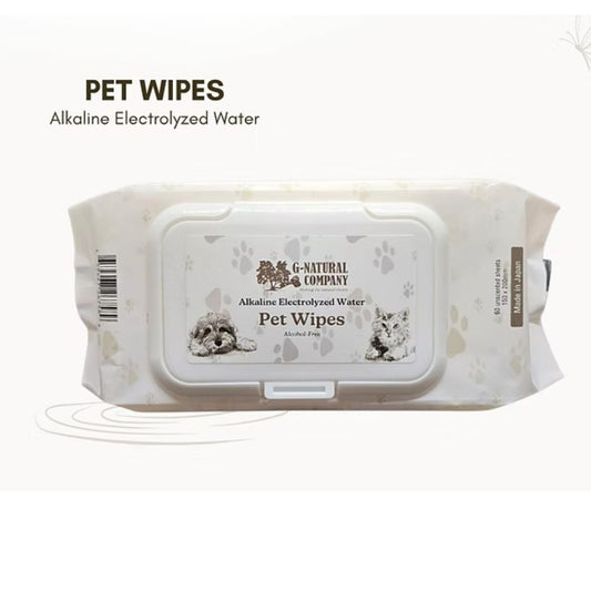 G-Natural Pet Wipes (Alkaline Electrolyzed Water) for Dogs and Cats — 60-sheet pack, fragrance-free and alcohol-free, made in Japan.