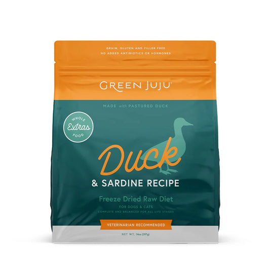 Green Juju Extras Duck & Sardine Complete & Balanced Freeze-Dried Meal for Dogs and Cats 14oz resealable bag