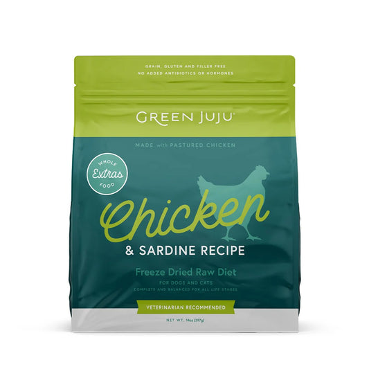 Green Juju Extras Chicken & Sardine Complete & Balanced Freeze-Dried Meal for Dogs and Cats 14oz resealable bag