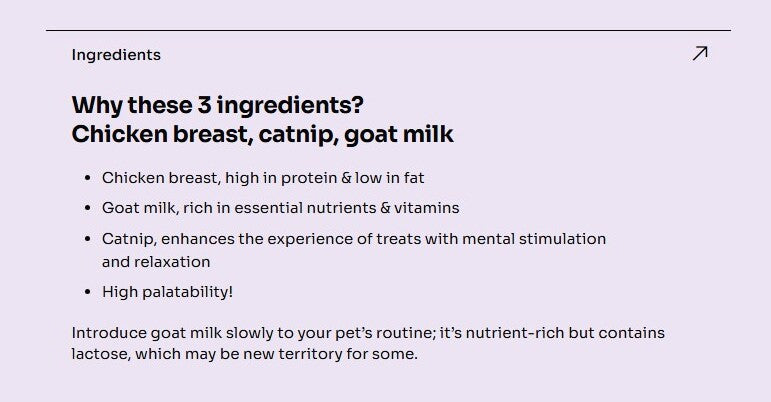 Notti ActivePlay ingredients: chicken breast for lean protein, goat milk for nutrients and catnip for mental stimulation