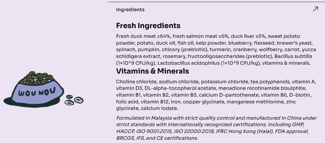 Ingredients and vitamins & minerals list for Notti Allergy Care Duck & Salmon dog food