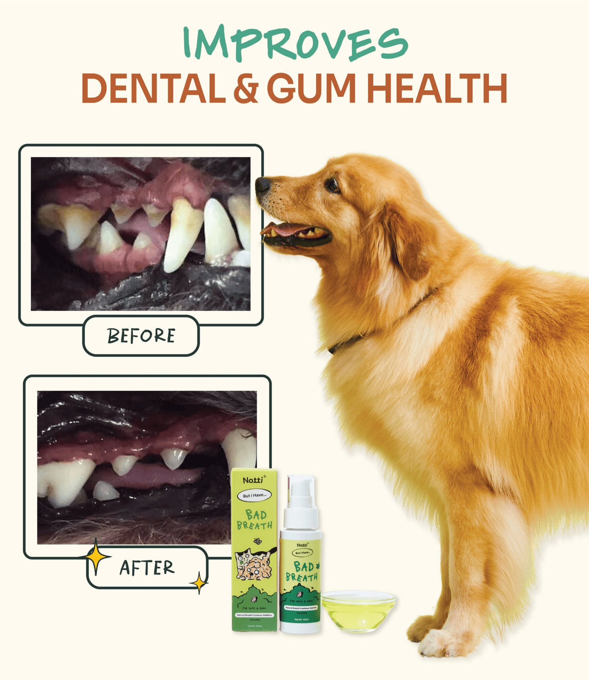Before and after comparison of a dog's teeth and gums showing improved dental and gum health with Notti Bad Breath